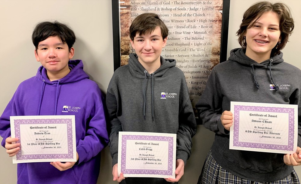 Andrew Tran, Caleb Grigg, and Addison Choate are the top finishers in the spelling bee.