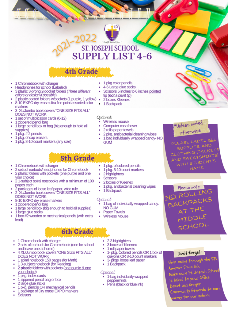 Supply List for 4th-6th Grade